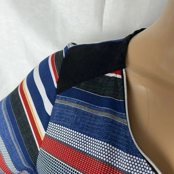 LE GRENIER striped blouse,front 3/4 zip,faux laced pocket, velvet  patches. - Picture 6 of 12